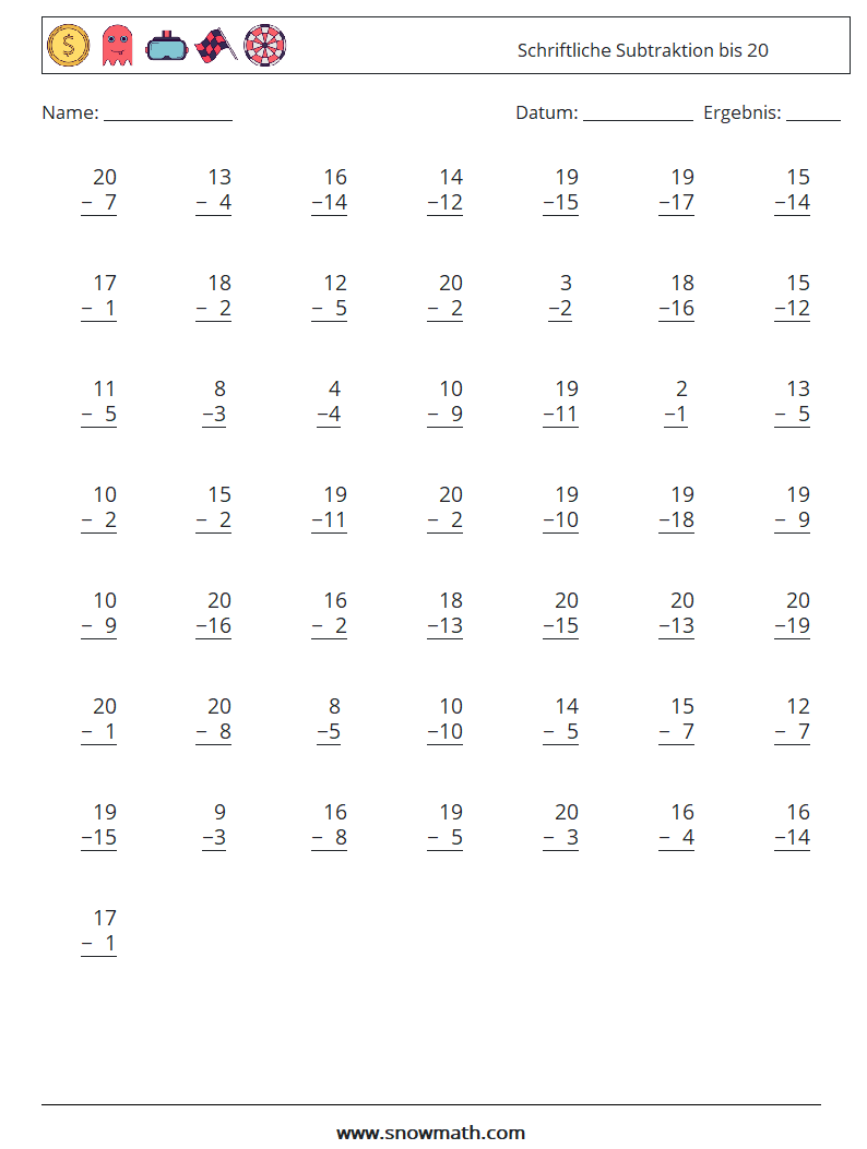 (50) Schriftliche Subtraktion bis 20 Mathe-Arbeitsblätter 13