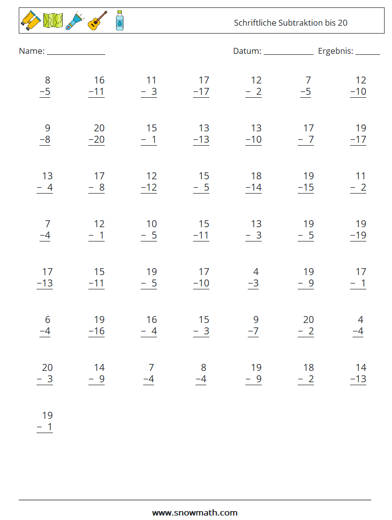 (50) Schriftliche Subtraktion bis 20 Mathe-Arbeitsblätter 14