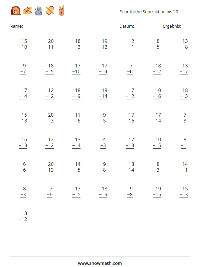 (50) Schriftliche Subtraktion bis 20 Mathe-Arbeitsblätter 15