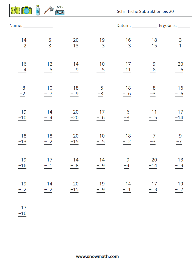 (50) Schriftliche Subtraktion bis 20 Mathe-Arbeitsblätter 16