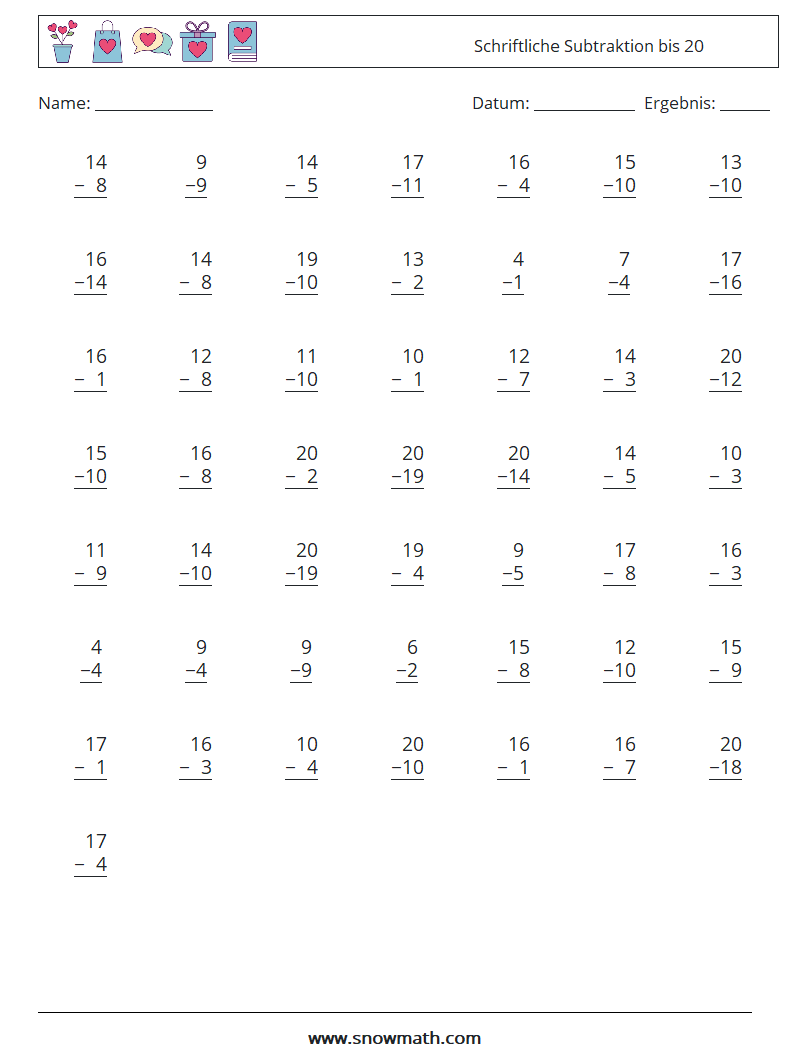 (50) Schriftliche Subtraktion bis 20 Mathe-Arbeitsblätter 17