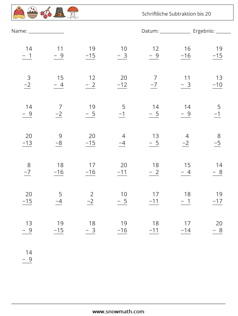 (50) Schriftliche Subtraktion bis 20 Mathe-Arbeitsblätter 18