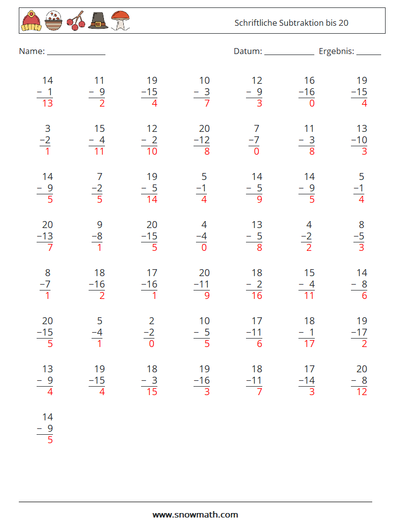 (50) Schriftliche Subtraktion bis 20 Mathe-Arbeitsblätter 18 Frage, Antwort