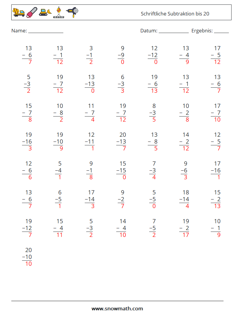 (50) Schriftliche Subtraktion bis 20 Mathe-Arbeitsblätter 1 Frage, Antwort