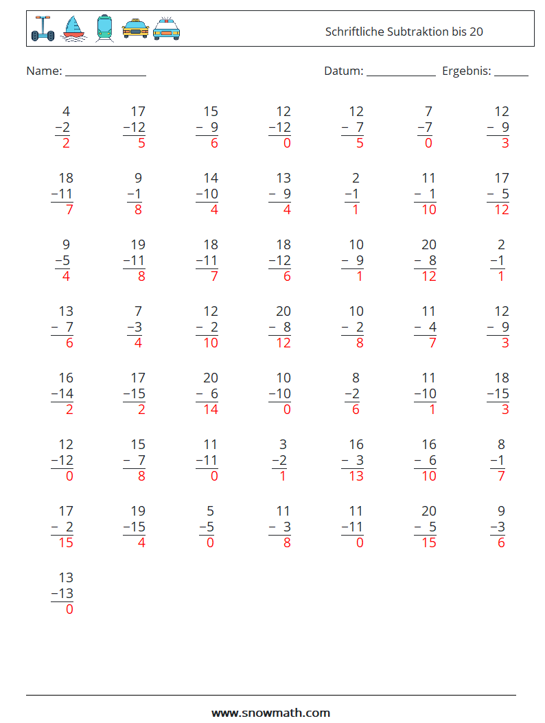 (50) Schriftliche Subtraktion bis 20 Mathe-Arbeitsblätter 2 Frage, Antwort