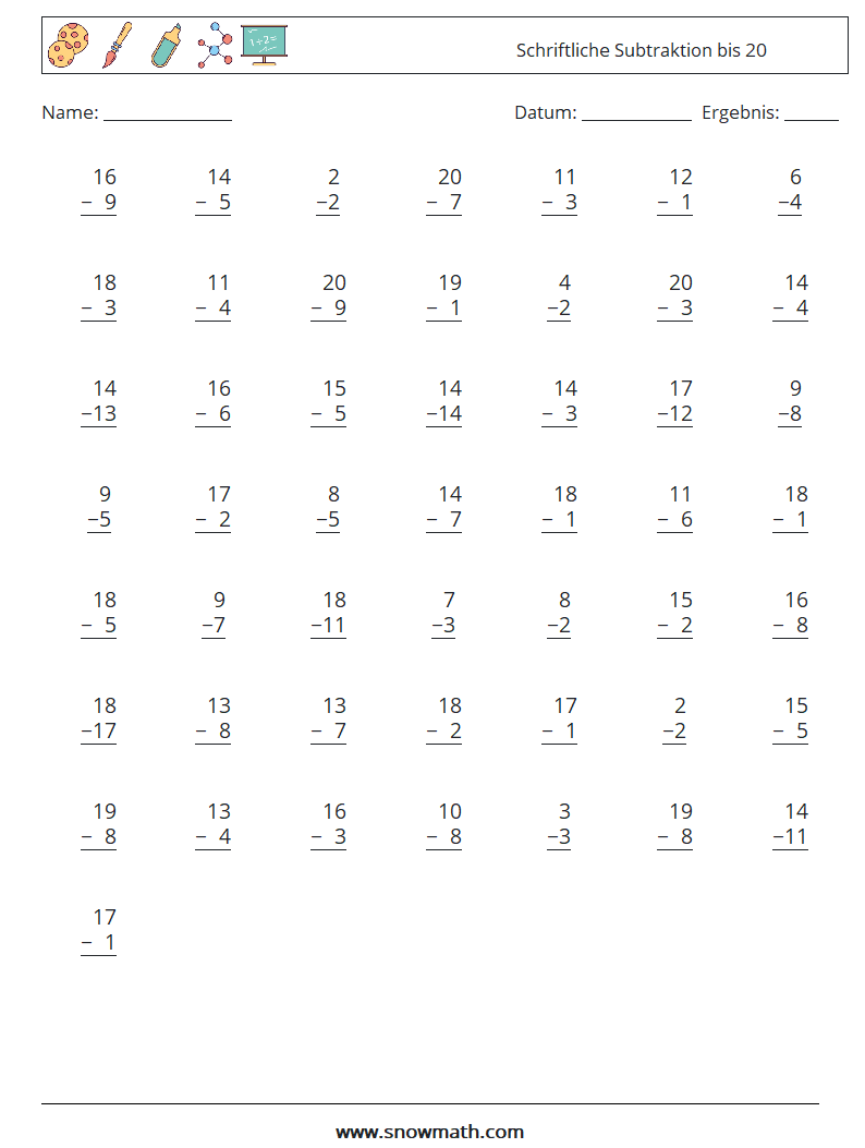 (50) Schriftliche Subtraktion bis 20 Mathe-Arbeitsblätter 3