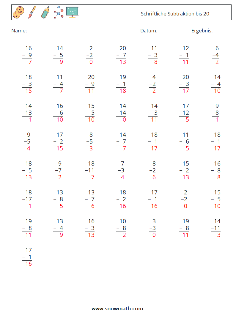 (50) Schriftliche Subtraktion bis 20 Mathe-Arbeitsblätter 3 Frage, Antwort