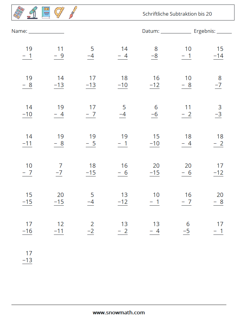 (50) Schriftliche Subtraktion bis 20 Mathe-Arbeitsblätter 4