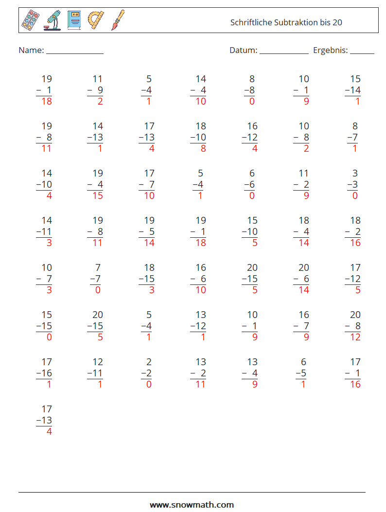 (50) Schriftliche Subtraktion bis 20 Mathe-Arbeitsblätter 4 Frage, Antwort