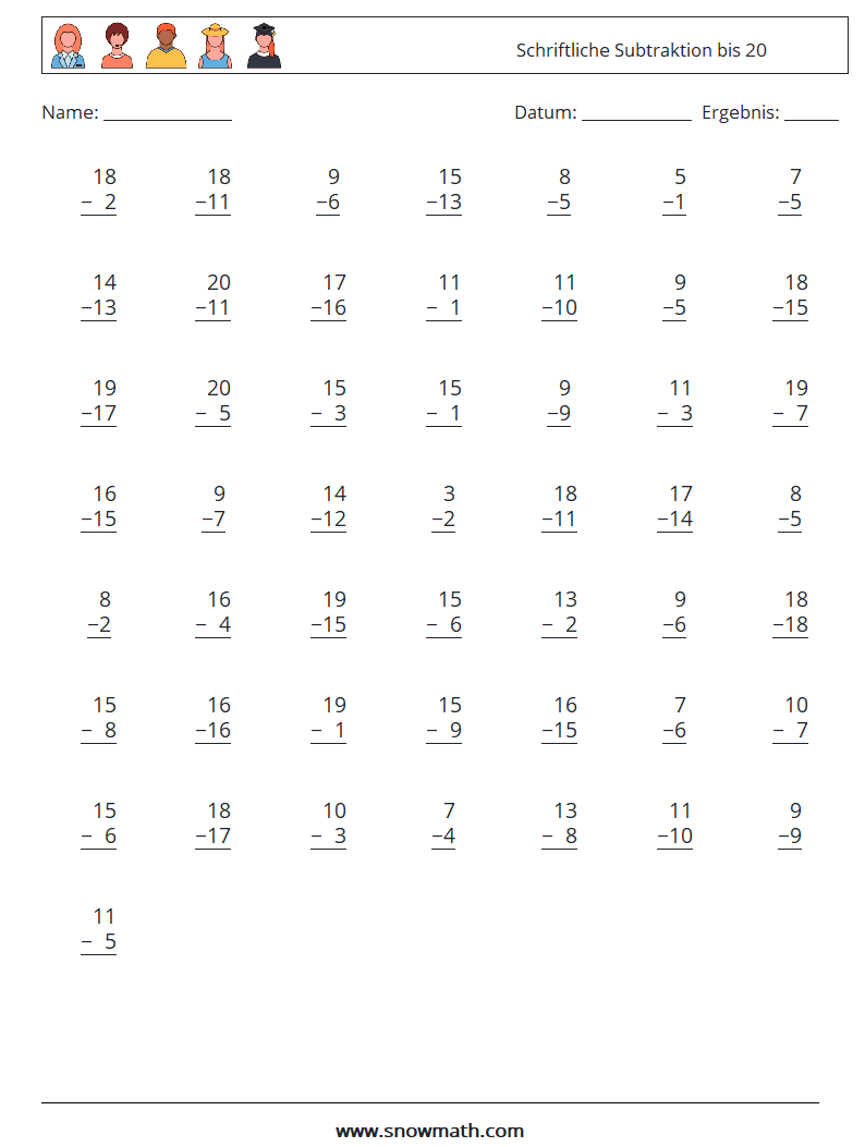 (50) Schriftliche Subtraktion bis 20 Mathe-Arbeitsblätter 5