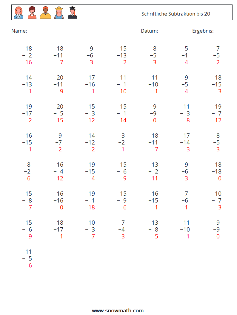 (50) Schriftliche Subtraktion bis 20 Mathe-Arbeitsblätter 5 Frage, Antwort