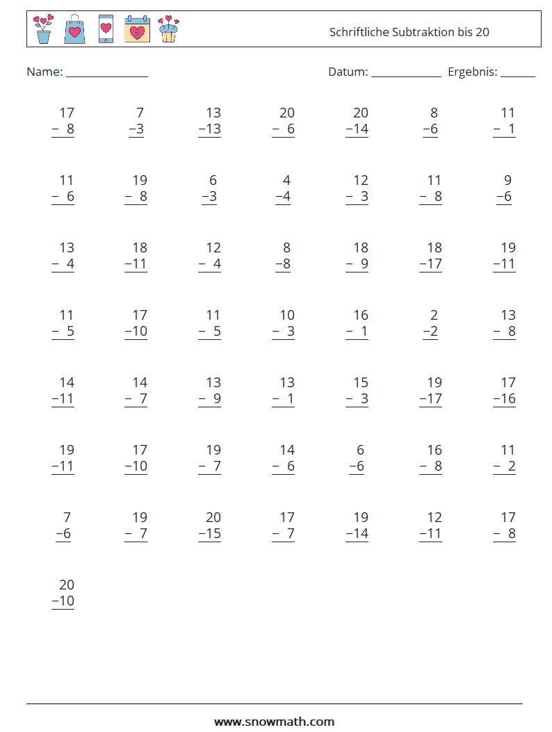 (50) Schriftliche Subtraktion bis 20 Mathe-Arbeitsblätter 6