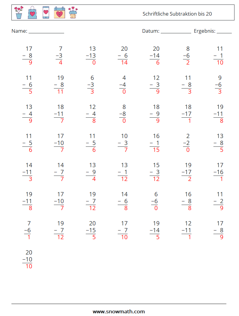 (50) Schriftliche Subtraktion bis 20 Mathe-Arbeitsblätter 6 Frage, Antwort