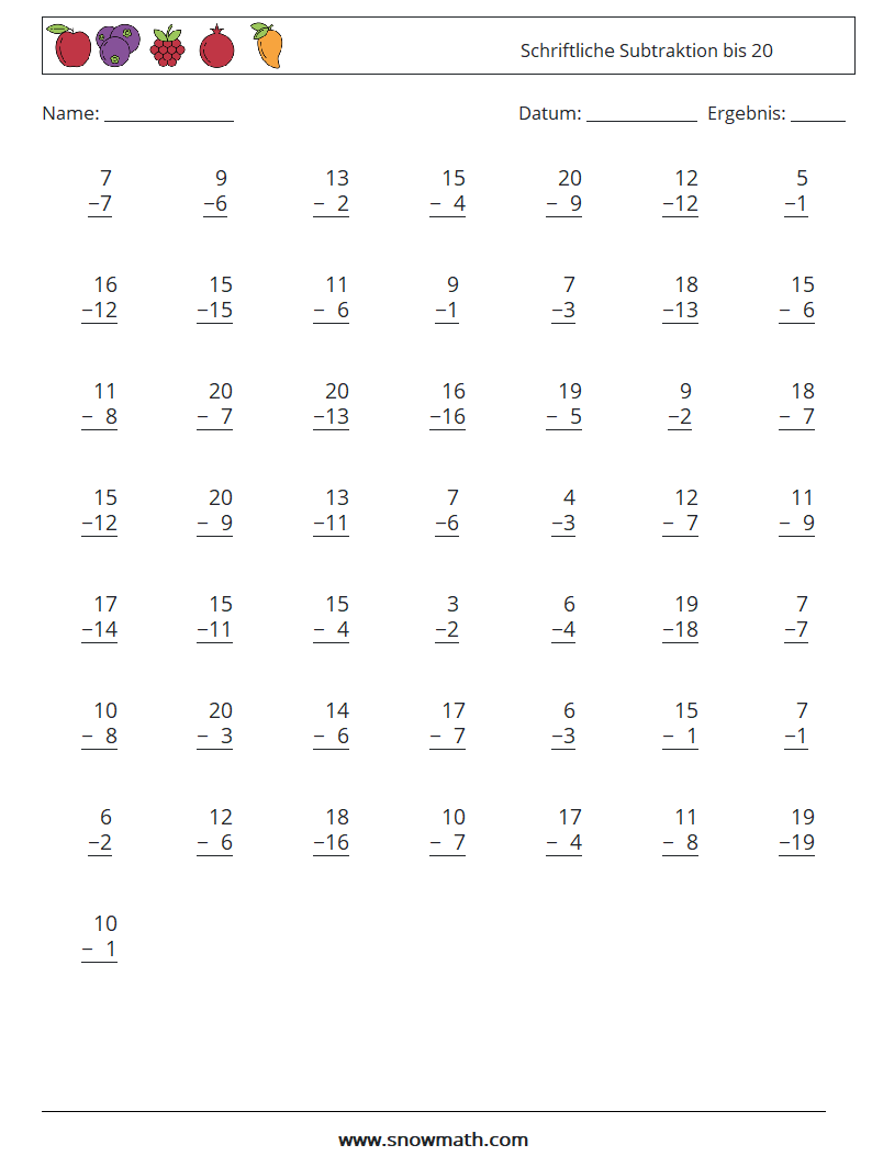 (50) Schriftliche Subtraktion bis 20 Mathe-Arbeitsblätter 7