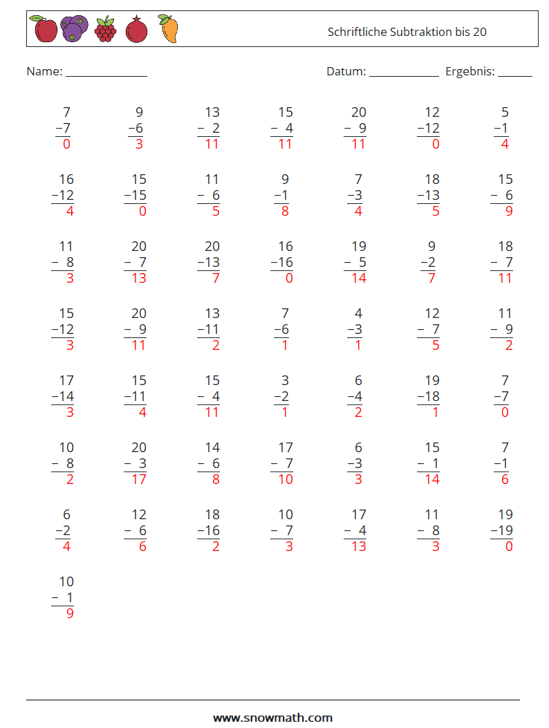 (50) Schriftliche Subtraktion bis 20 Mathe-Arbeitsblätter 7 Frage, Antwort