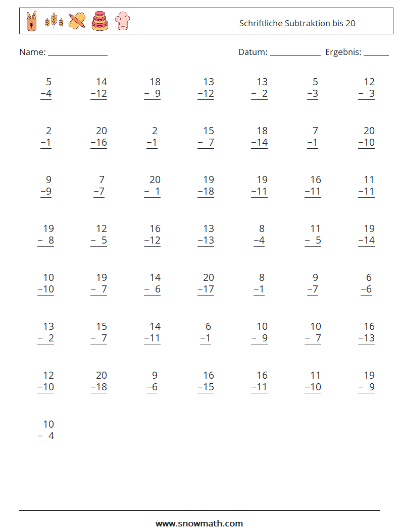 (50) Schriftliche Subtraktion bis 20 Mathe-Arbeitsblätter 8