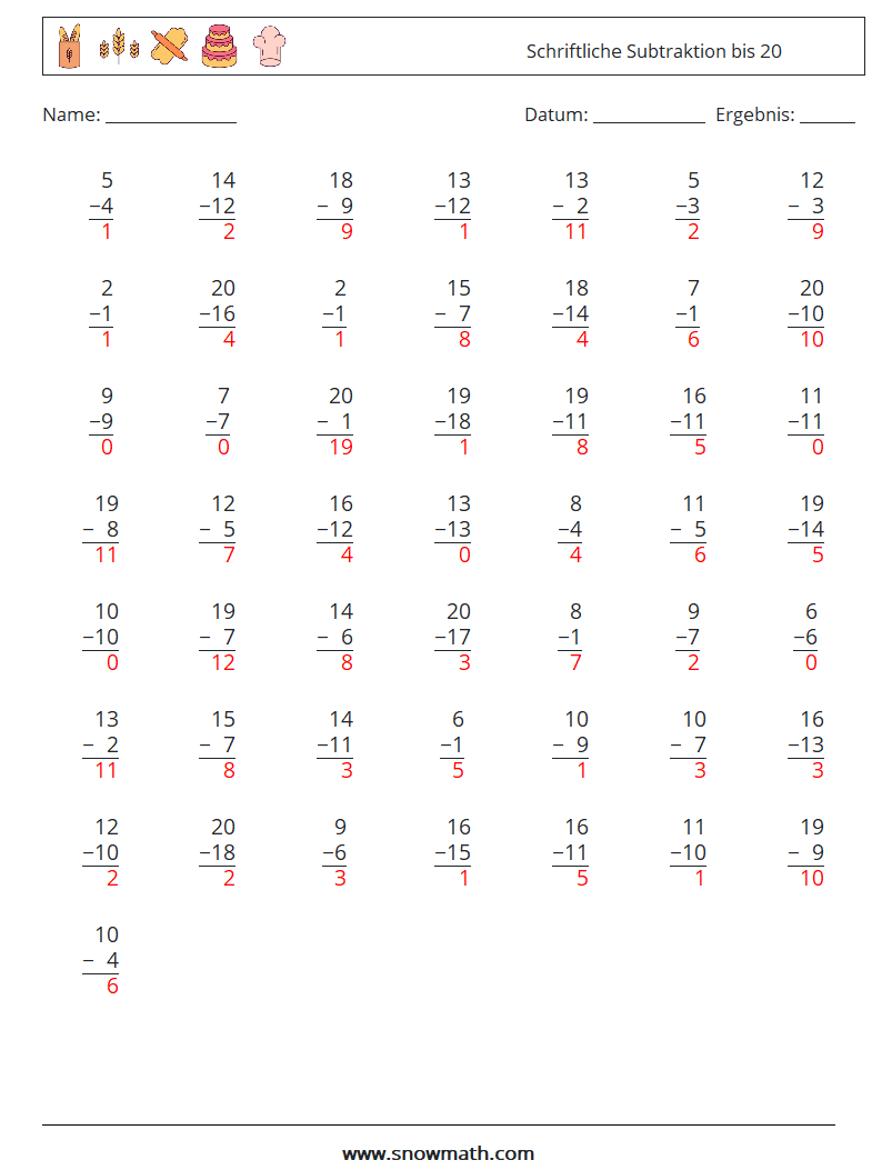 (50) Schriftliche Subtraktion bis 20 Mathe-Arbeitsblätter 8 Frage, Antwort