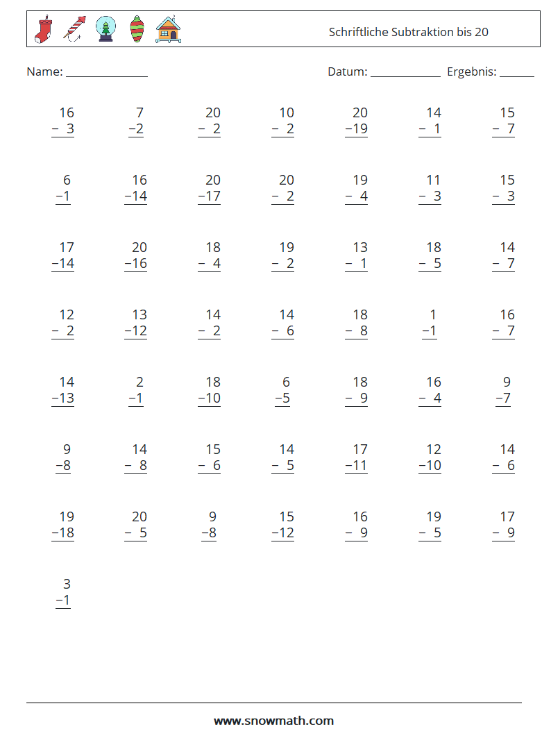 (50) Schriftliche Subtraktion bis 20 Mathe-Arbeitsblätter 9