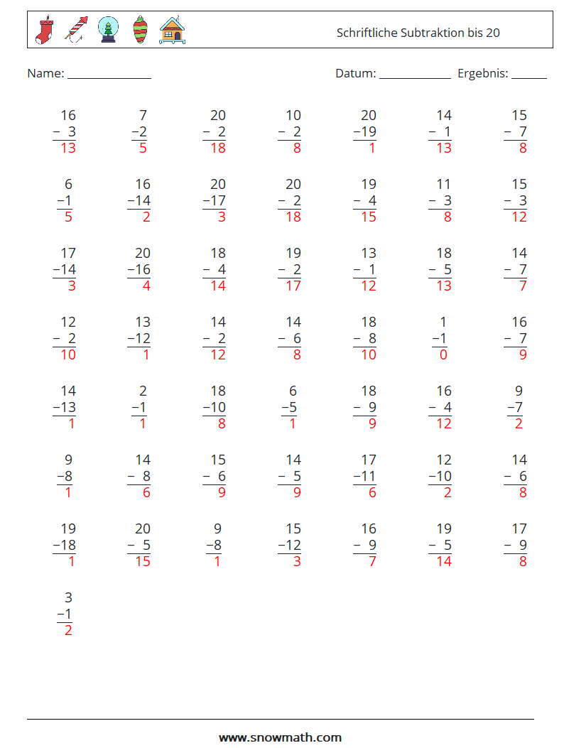 (50) Schriftliche Subtraktion bis 20 Mathe-Arbeitsblätter 9 Frage, Antwort