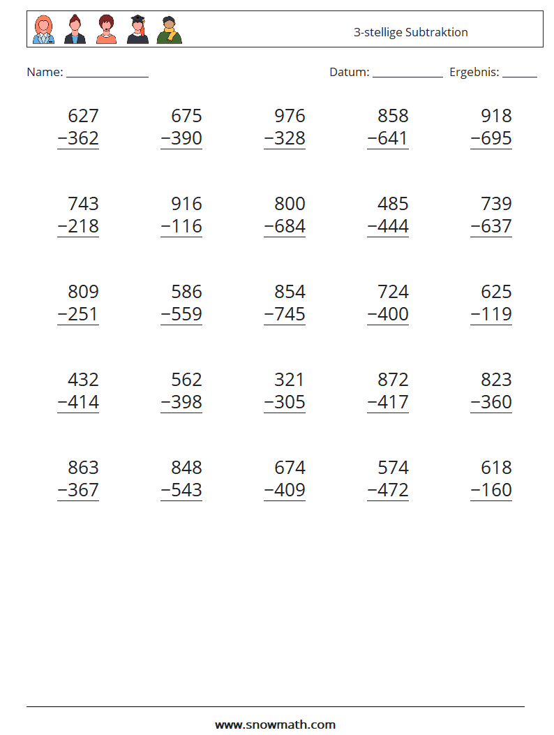 (25) 3-stellige Subtraktion Mathe-Arbeitsblätter 10