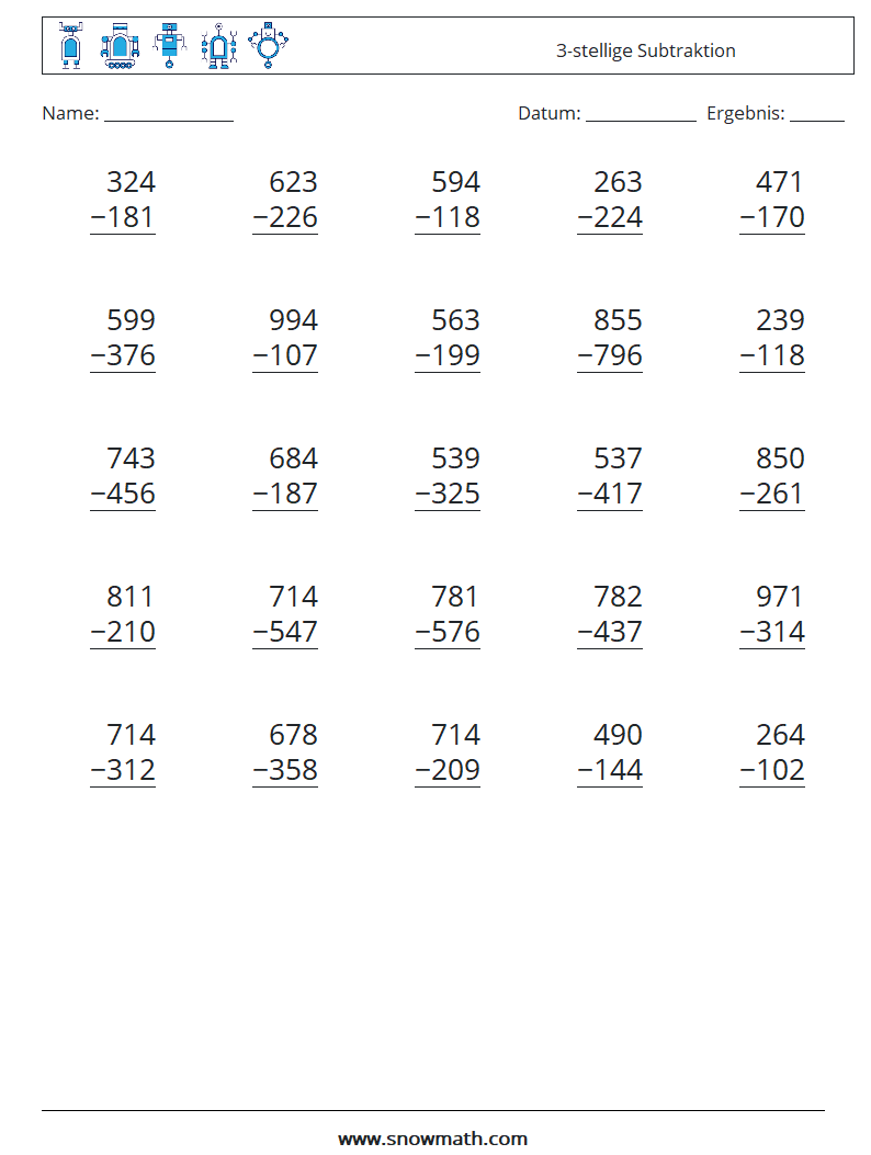 (25) 3-stellige Subtraktion Mathe-Arbeitsblätter 11