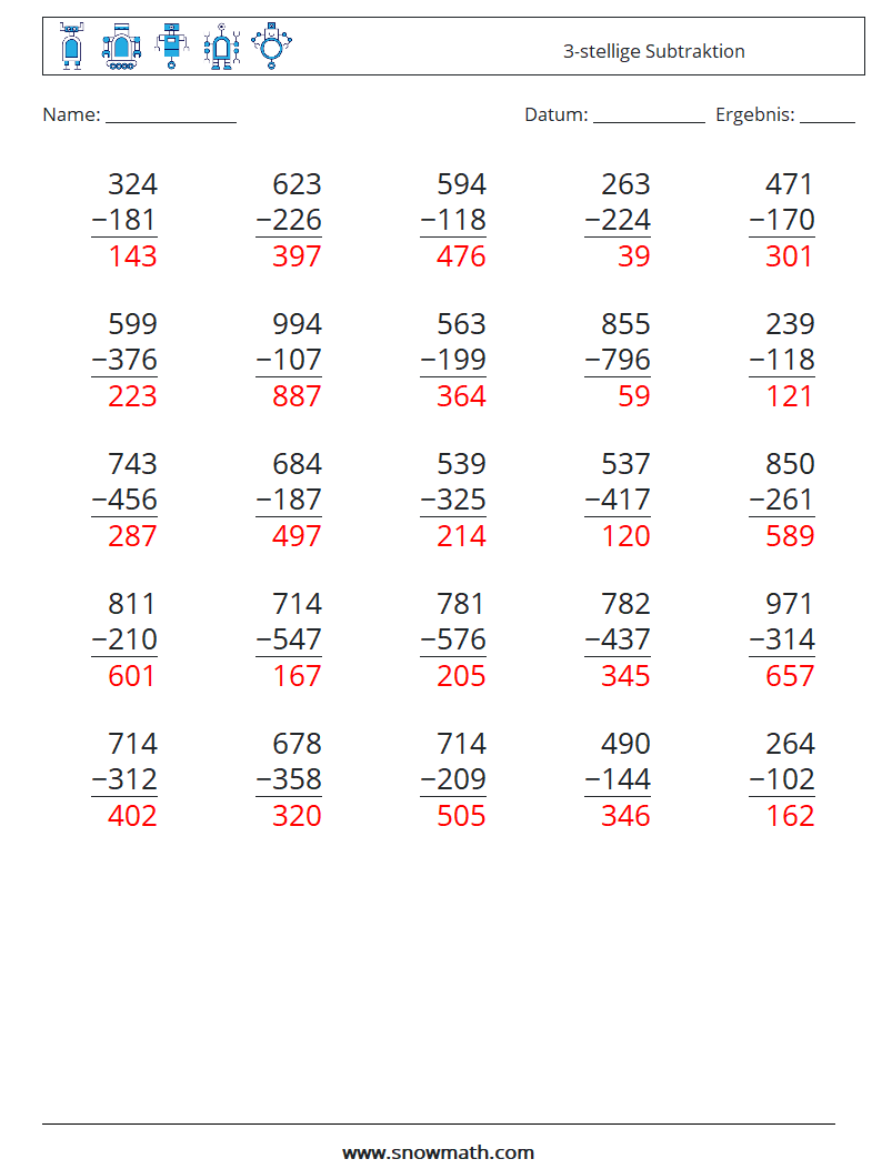 (25) 3-stellige Subtraktion Mathe-Arbeitsblätter 11 Frage, Antwort