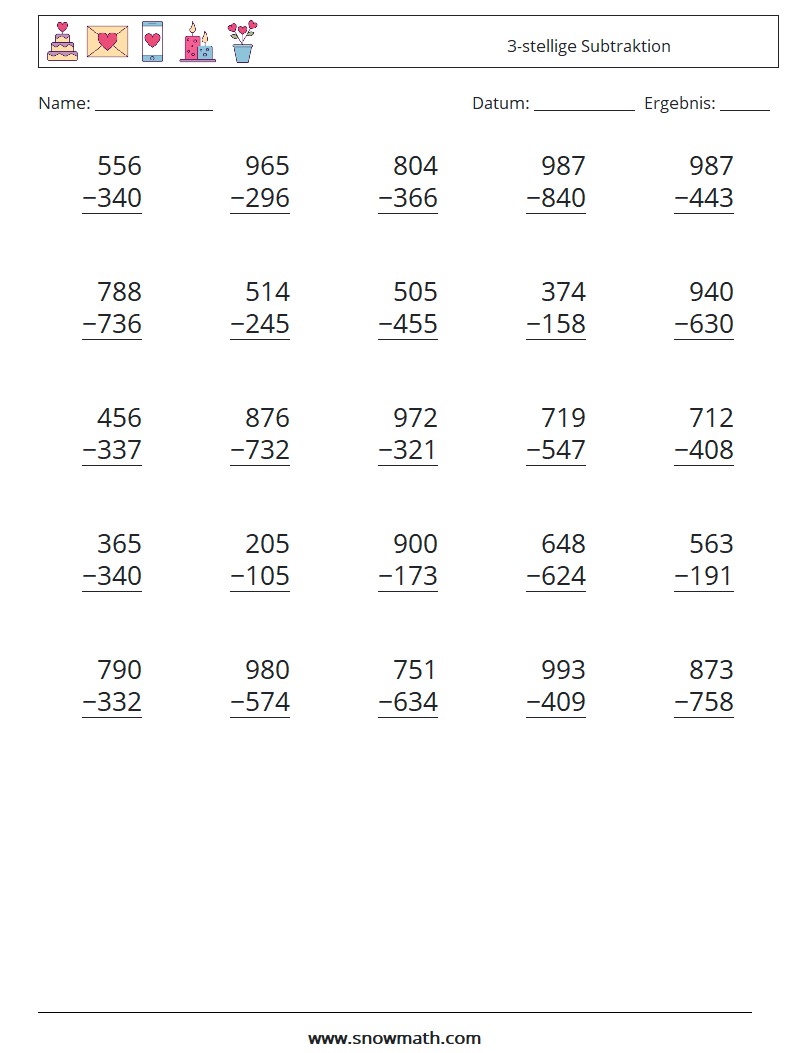 (25) 3-stellige Subtraktion Mathe-Arbeitsblätter 12