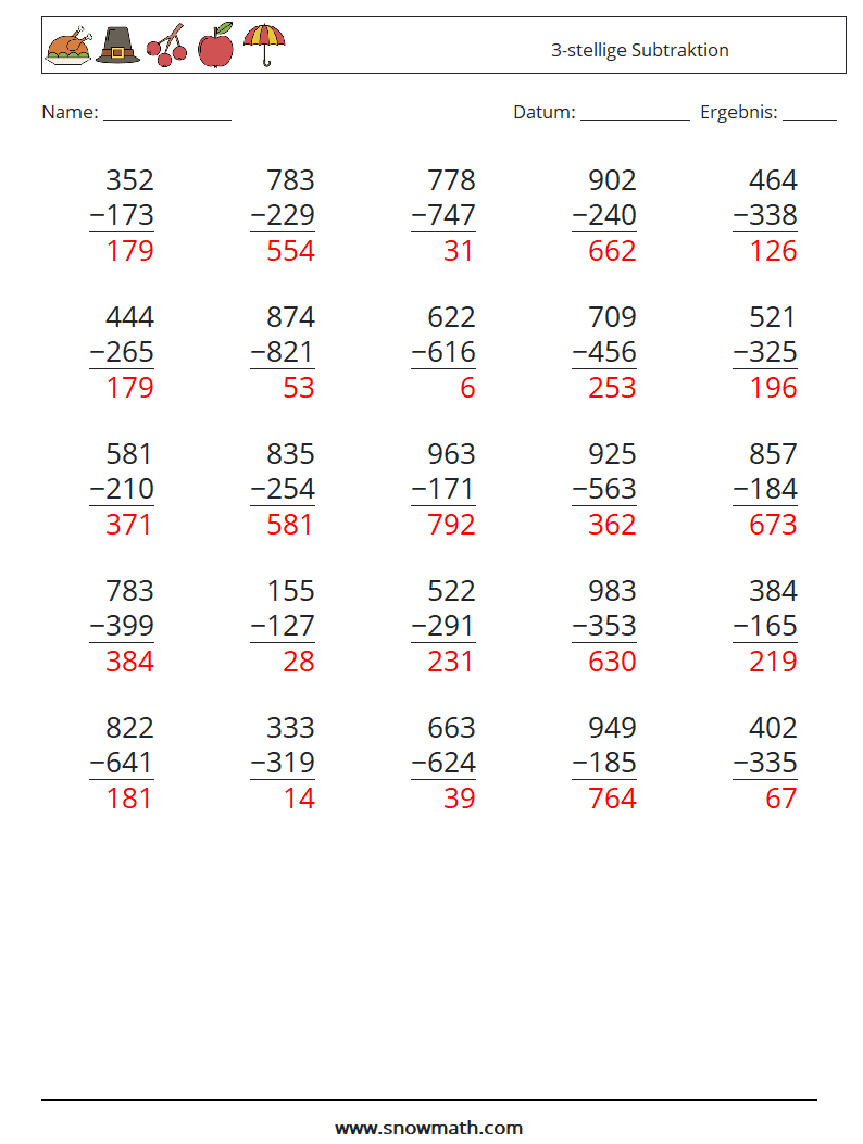 (25) 3-stellige Subtraktion Mathe-Arbeitsblätter 14 Frage, Antwort