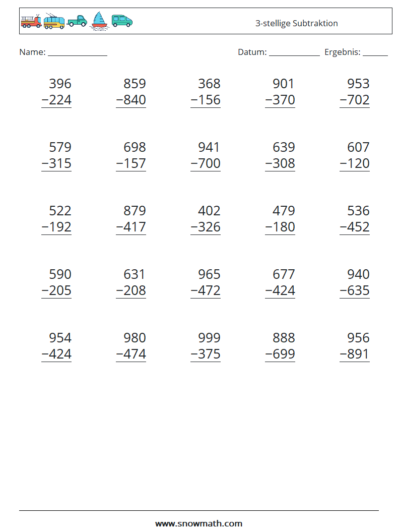 (25) 3-stellige Subtraktion Mathe-Arbeitsblätter 15