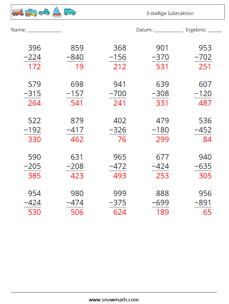 (25) 3-stellige Subtraktion Mathe-Arbeitsblätter 15 Frage, Antwort