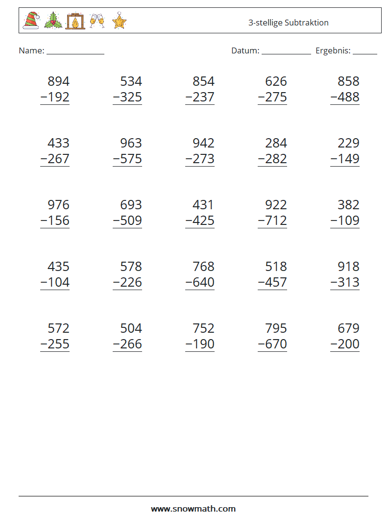 (25) 3-stellige Subtraktion Mathe-Arbeitsblätter 16
