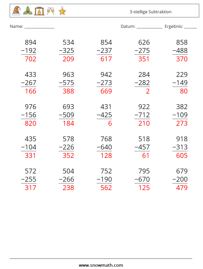 (25) 3-stellige Subtraktion Mathe-Arbeitsblätter 16 Frage, Antwort