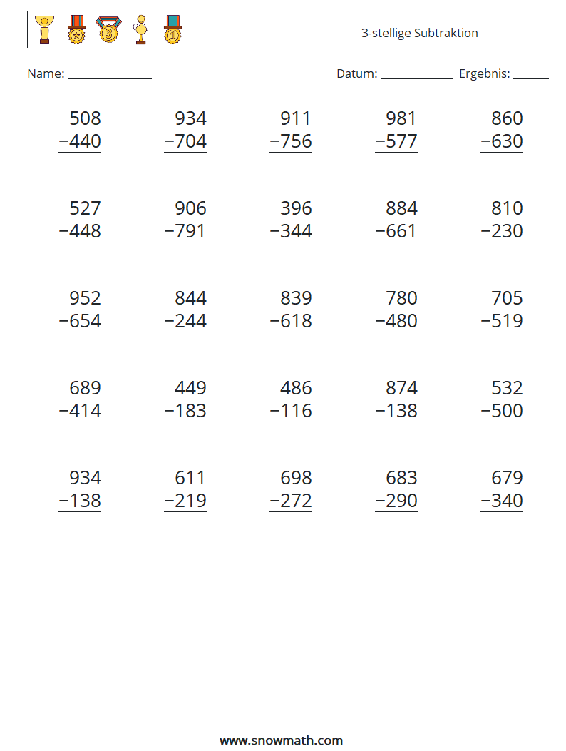 (25) 3-stellige Subtraktion Mathe-Arbeitsblätter 17