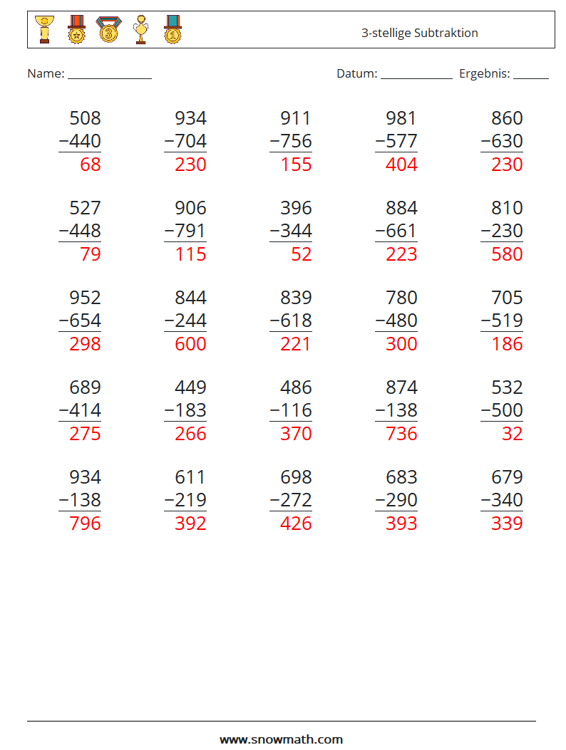 (25) 3-stellige Subtraktion Mathe-Arbeitsblätter 17 Frage, Antwort