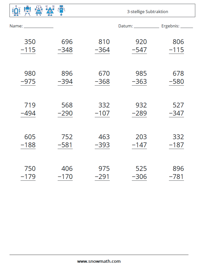 (25) 3-stellige Subtraktion Mathe-Arbeitsblätter 18