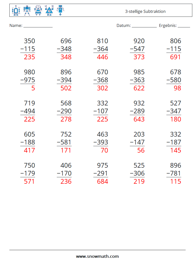 (25) 3-stellige Subtraktion Mathe-Arbeitsblätter 18 Frage, Antwort