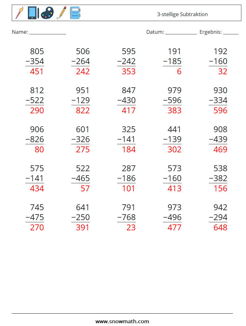 (25) 3-stellige Subtraktion Mathe-Arbeitsblätter 1 Frage, Antwort