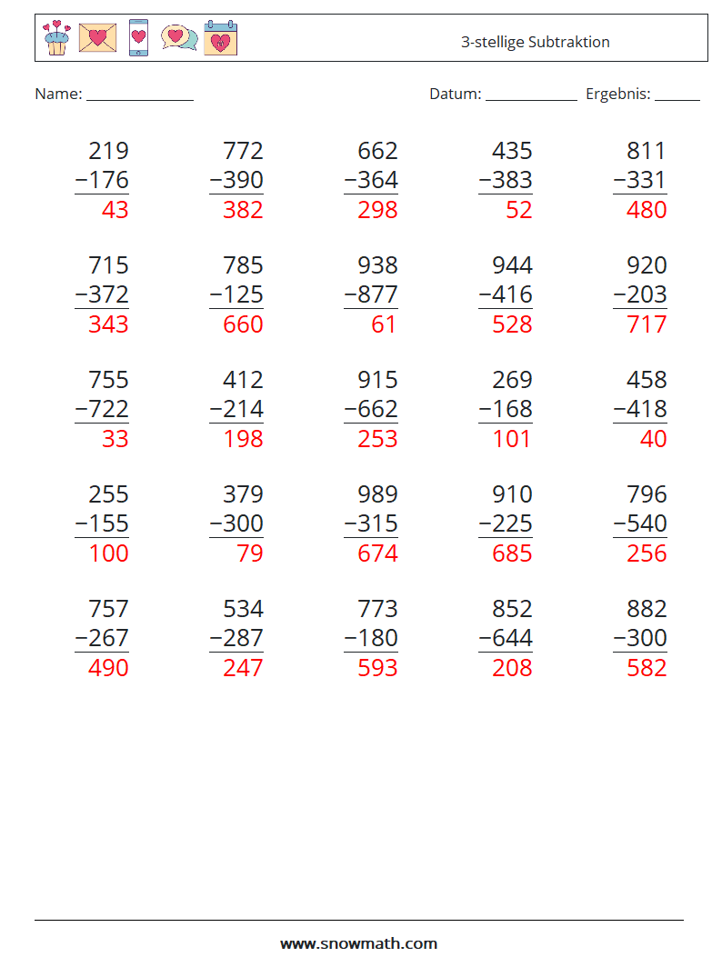 (25) 3-stellige Subtraktion Mathe-Arbeitsblätter 2 Frage, Antwort