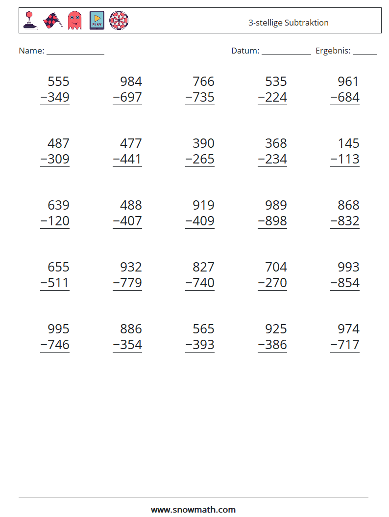 (25) 3-stellige Subtraktion Mathe-Arbeitsblätter 3