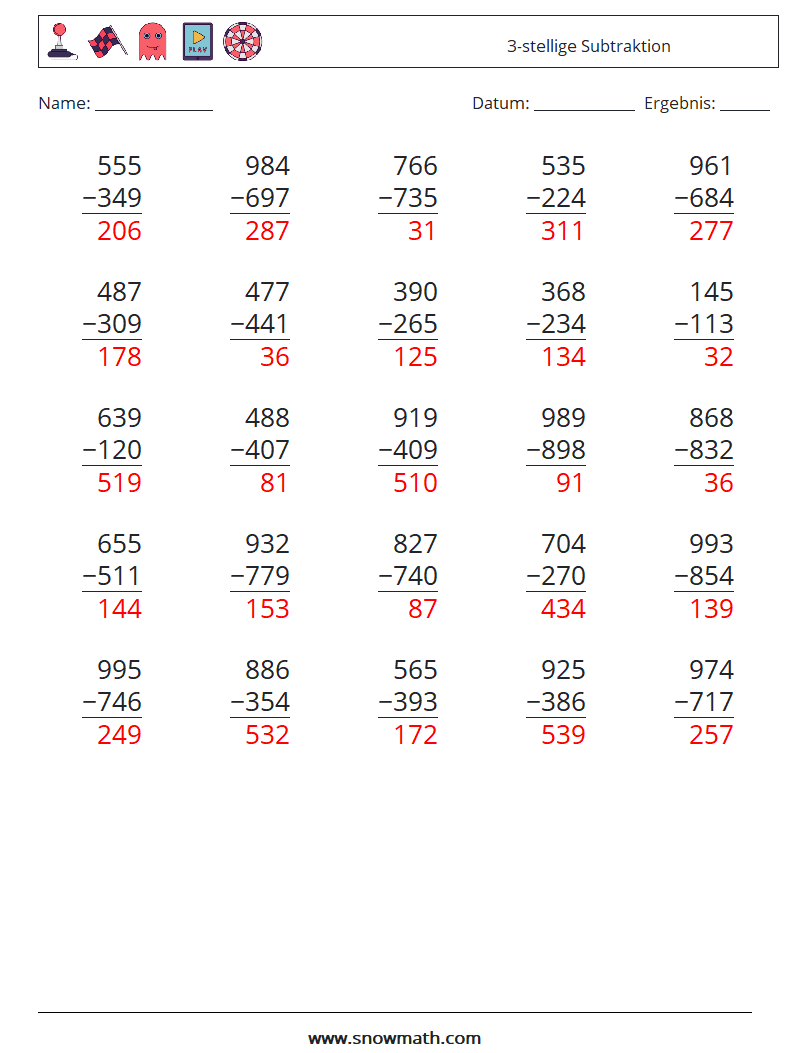 (25) 3-stellige Subtraktion Mathe-Arbeitsblätter 3 Frage, Antwort