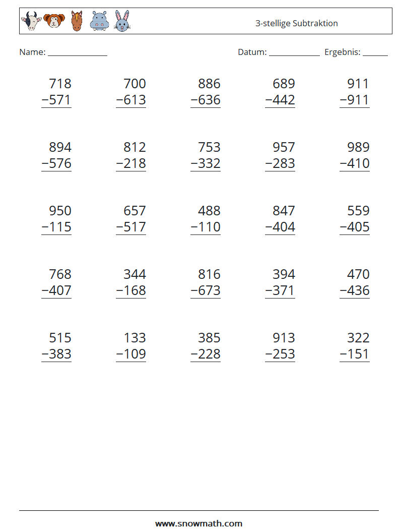 (25) 3-stellige Subtraktion Mathe-Arbeitsblätter 4