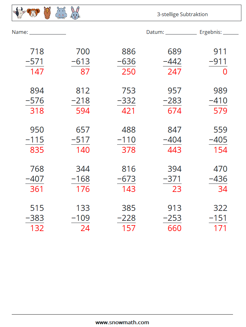 (25) 3-stellige Subtraktion Mathe-Arbeitsblätter 4 Frage, Antwort