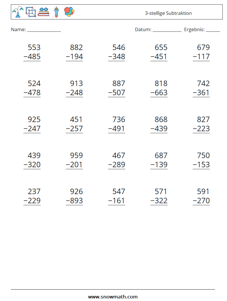 (25) 3-stellige Subtraktion Mathe-Arbeitsblätter 5