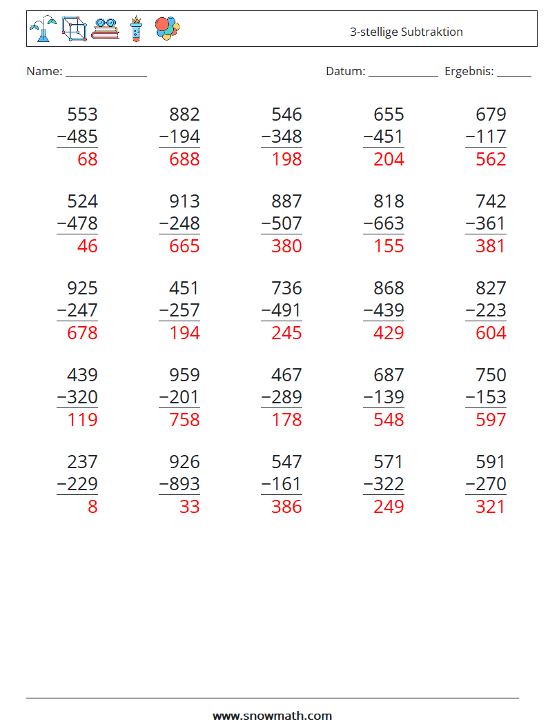 (25) 3-stellige Subtraktion Mathe-Arbeitsblätter 5 Frage, Antwort