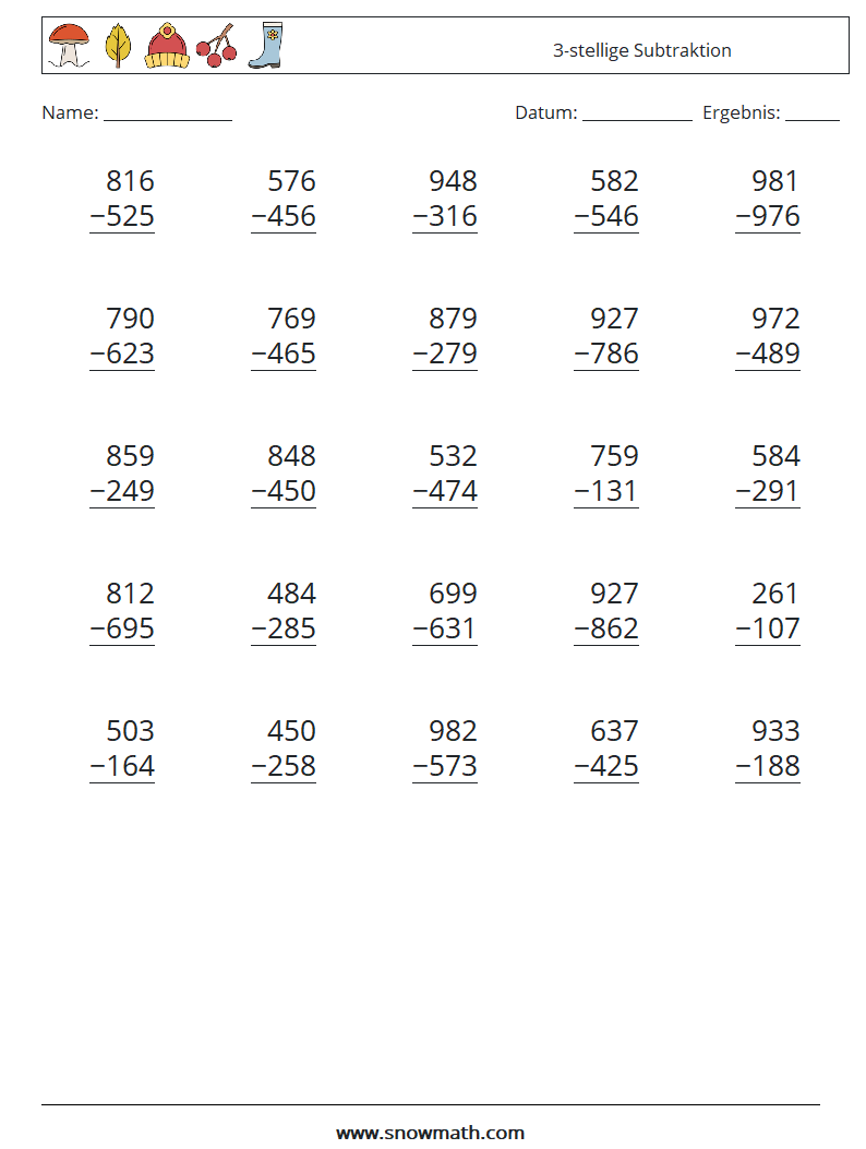 (25) 3-stellige Subtraktion Mathe-Arbeitsblätter 6