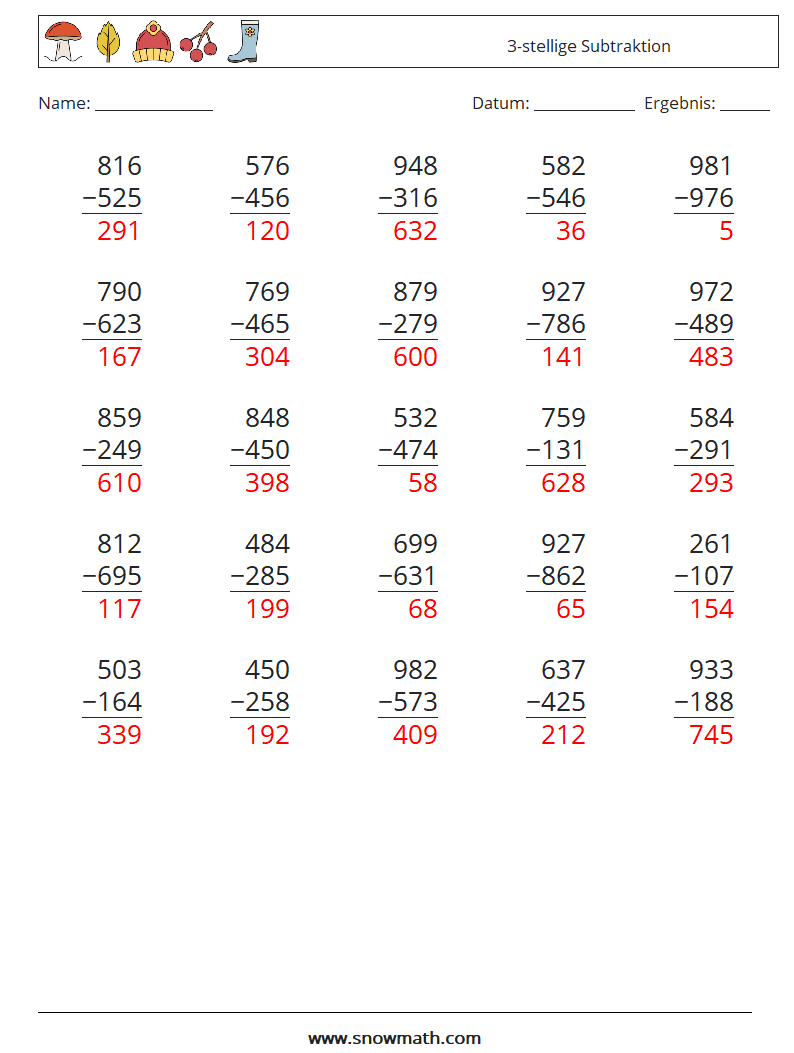 (25) 3-stellige Subtraktion Mathe-Arbeitsblätter 6 Frage, Antwort