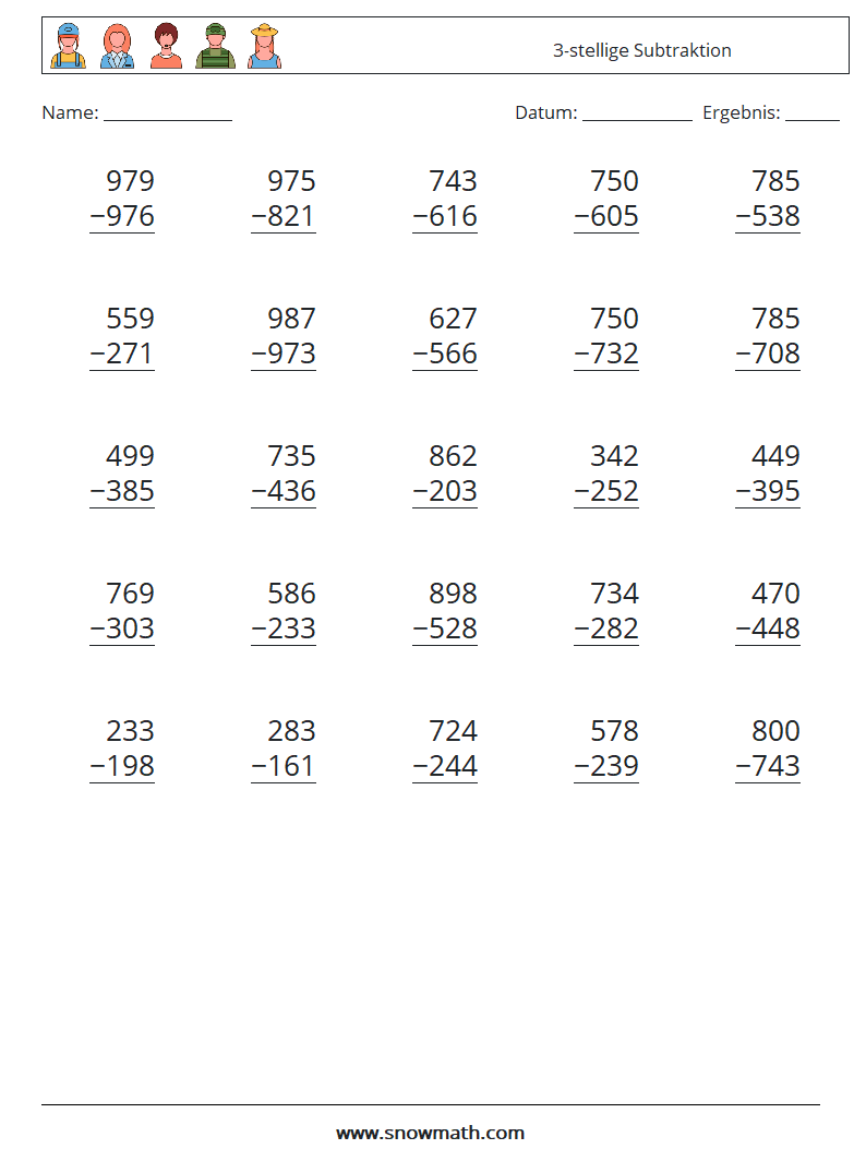 (25) 3-stellige Subtraktion Mathe-Arbeitsblätter 7