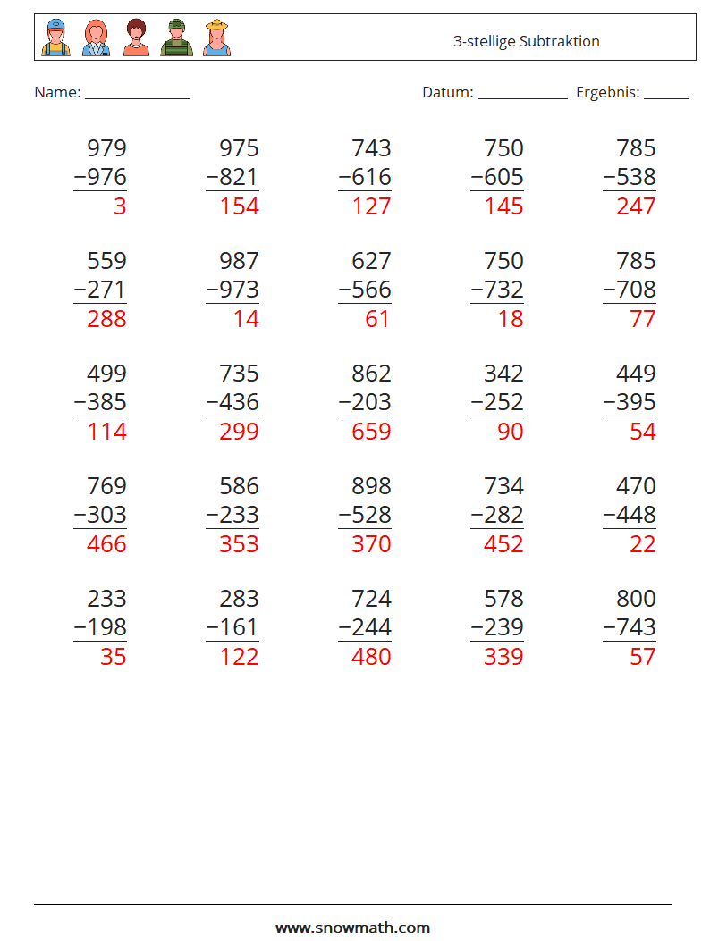 (25) 3-stellige Subtraktion Mathe-Arbeitsblätter 7 Frage, Antwort