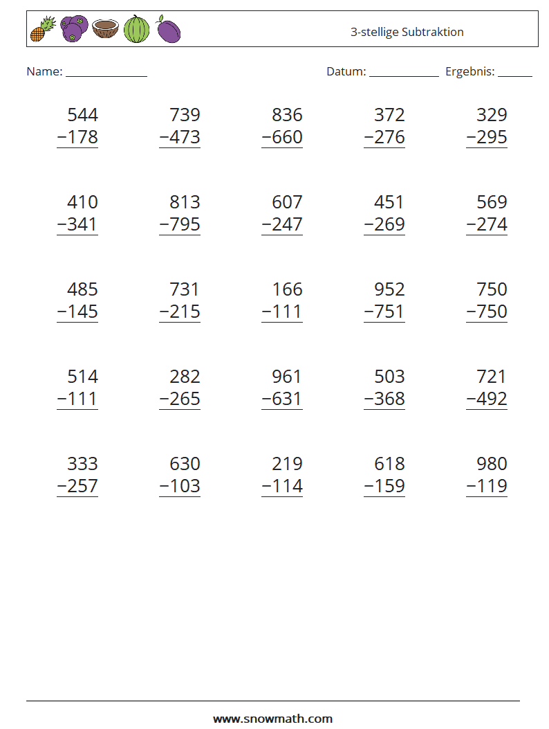 (25) 3-stellige Subtraktion Mathe-Arbeitsblätter 8