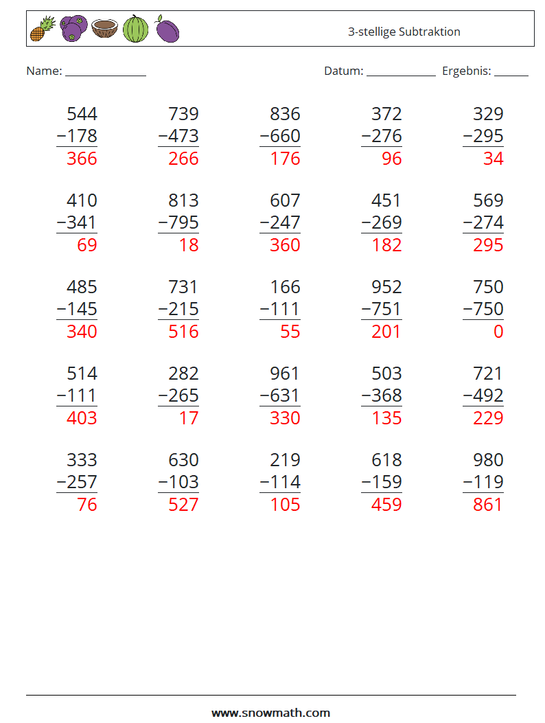 (25) 3-stellige Subtraktion Mathe-Arbeitsblätter 8 Frage, Antwort